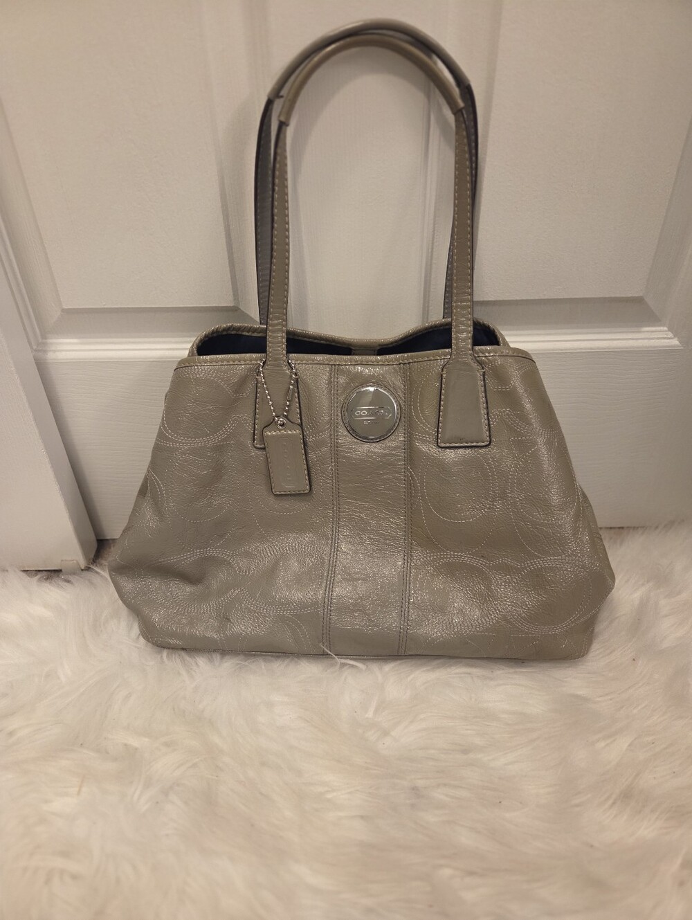 Coach Taupe Leather Embossed Signature 'C' Pattern Tote F 15658